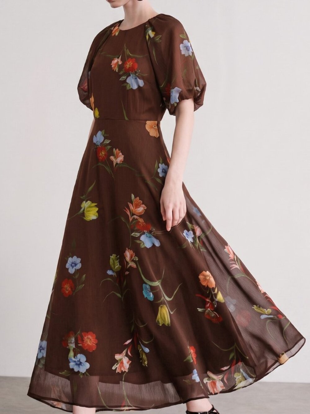 Coffee Elegant Women's Chiffon Floral Print Raglan Short Sleeve Round Neck Dress - Picture 5 of 7